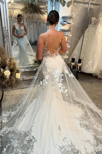 Elegant Mermaid V Neck Stretch Satin Wedding dress with Appliques AB25022604