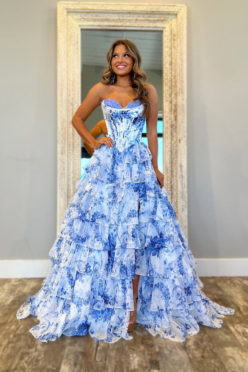 white and blue floral prom dress Cute A Line Sweetheart Blue White Floral Chiffon Prom Dress with Slit AB25011506 – Anniebride