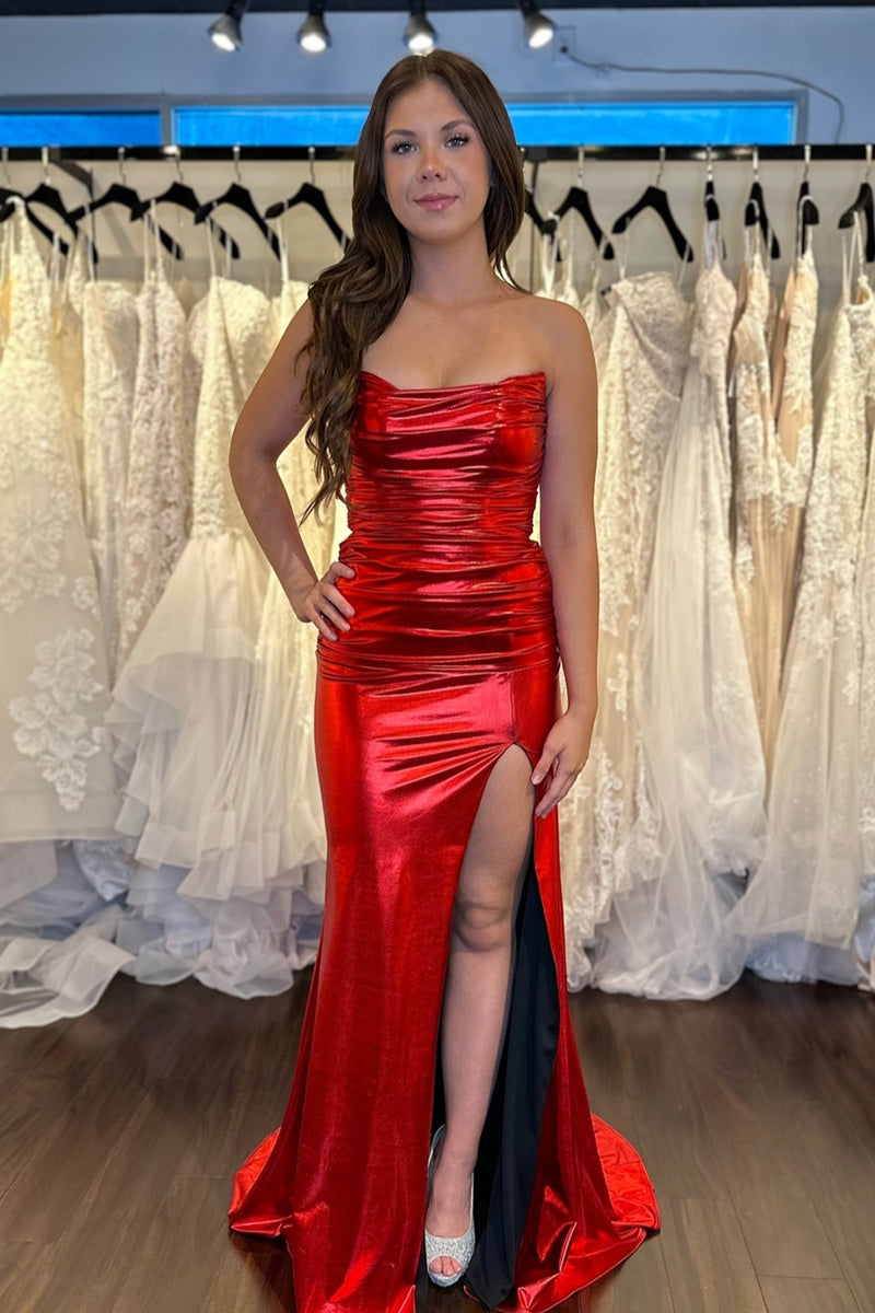 metallic red dress Cute Mermaid Strapless Satin Long Prom Dresses with Slit AB24120910 – Anniebride Juniors' Black Dresses | womens_dresses_collection Sleeveless top is trimmed Color:Indigo