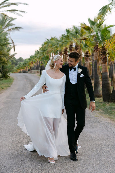 Simple Sheath Boat Neck Long Sleeves Short Wedding Dresses with Detachable Skirt AB25050703