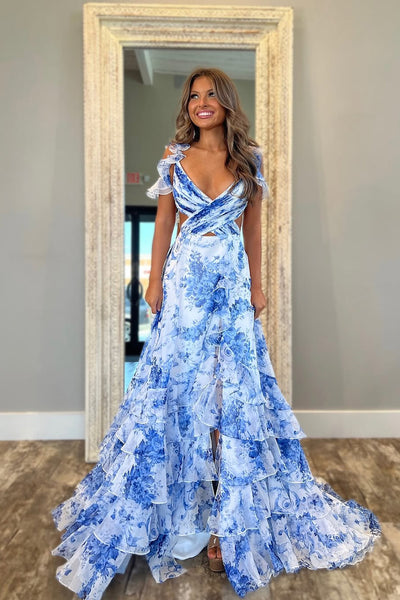 A Line V Neck Floral Printed Chiffon Long Prom Dress with Slit AB25021204