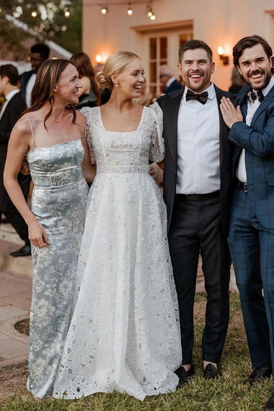 Bohemian A Line Square Neck Chiffon Long Bridal Dresses with Ruffled Sleeves AB24110502