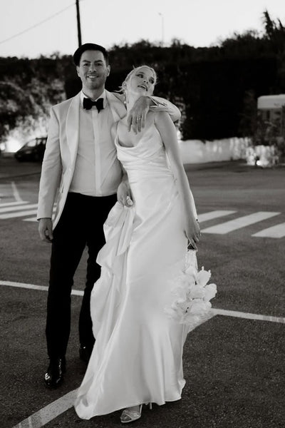 Chic Mermaid V Neck White Silk Satin Bridal Dresses AB24112203