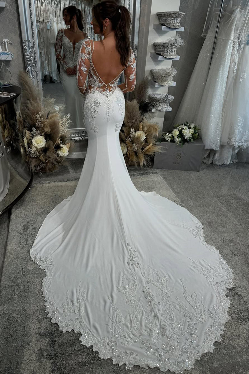 Elegant Mermaid V Neck Satin Wedding Dresses/Gowns with Lace HS23060506