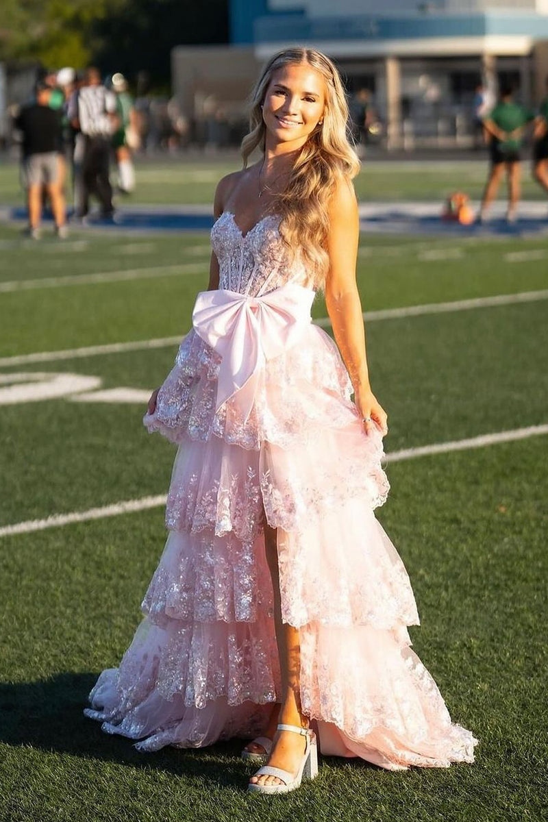 Blush Pink Sequin Lace V-Neck A-Line Long Prom Dress