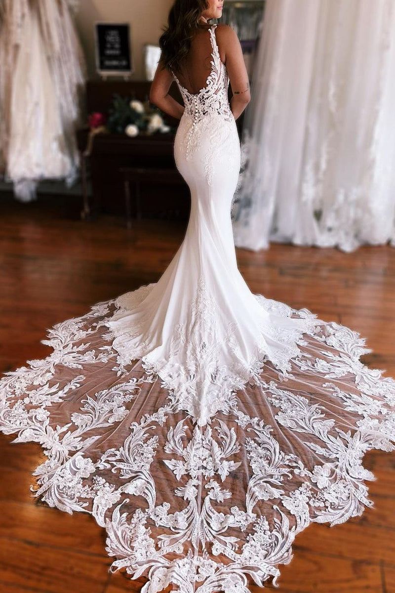 Elegant Mermaid V Neck Elastic Satin Wedding Dresses with Appliques VK24101914