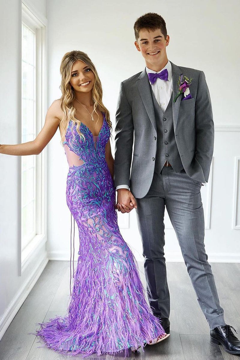 purple feather prom dress Illusion Halter Violet Feather Custom Glitter Mermaid Prom Dress