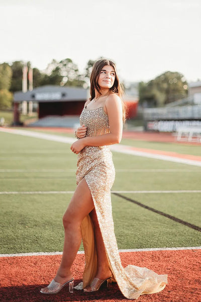 Sparkly Mermaid Scoop Neck Champagne Sequins Prom Dress with Slit AB25020309