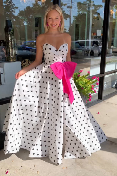 Cute A Line Sweetheart White Black Dot Long Prom Dress with Bow AB25102601