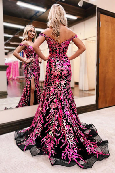 Black Off the Shoulder Mermaid  Prom Dress with Fuchsia Sequins Appliques AB4030406