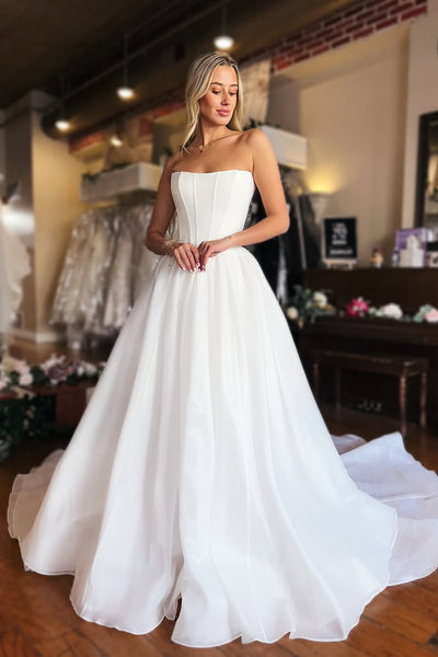 Fairy A Line Strapless Satin Long Bridal Dresses AB24122801