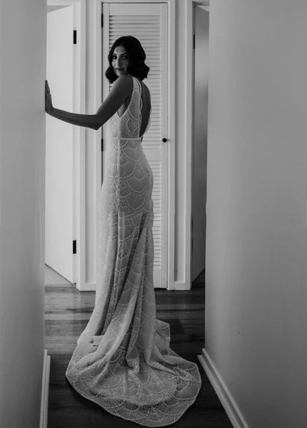 Bohemian Mermaid V Neck Lace Long Bridal Dresses AB24110608