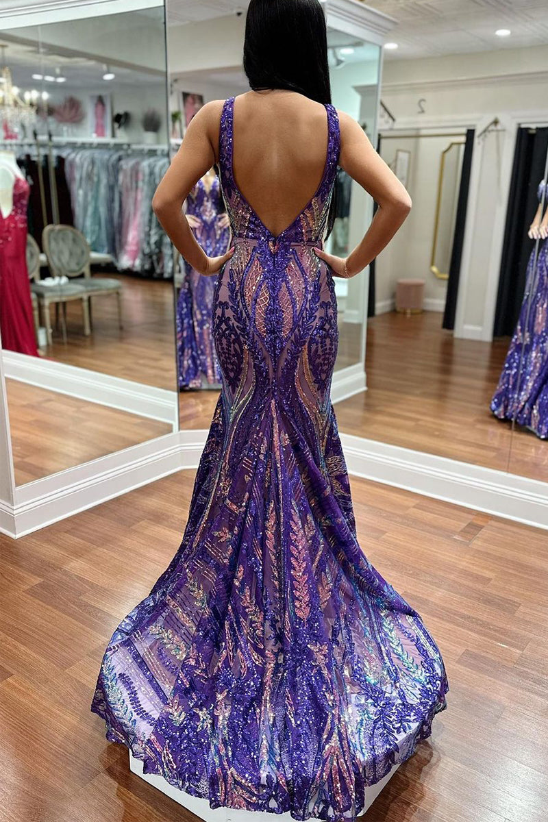 Dark Purple Sparkly Mermaid V Neck Open Back Sequins Long Prom Dress with Accessories Set main image 0