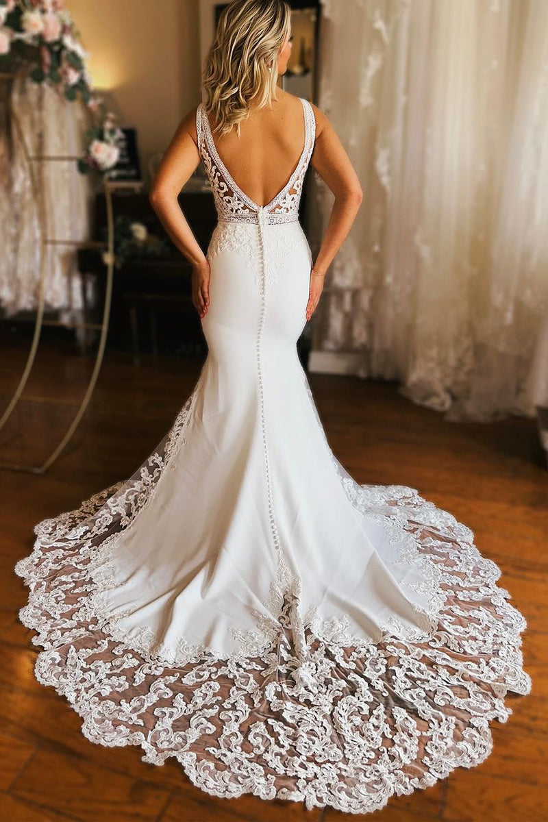Elegant Mermaid Deep V Neck Elastic Satin Long Wedding Dress AB4060802