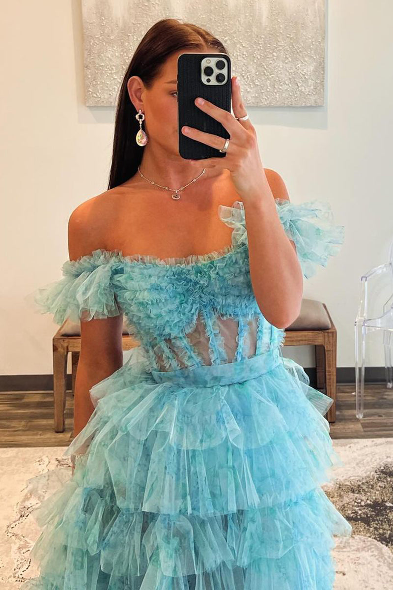 Modest A line Off The Shoulder Cap Sleeves Tulle Beads Prom Dress