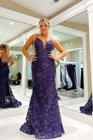 Charming Mermaid V Neck Purple Sequins Long Prom Dresses AB102305