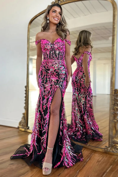 Charming Mermaid Off the Shoulder Fuchsia Sequins Black Prom Dress with Slit AB25010901
