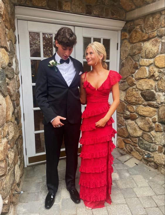 Fairy Sheath V Neck Red Lace Tiered Prom Dress AB24121412 Anniebride Fairy Sheath V Neck Red Lace Tiered Prom Dress AB24121412 Anniebride