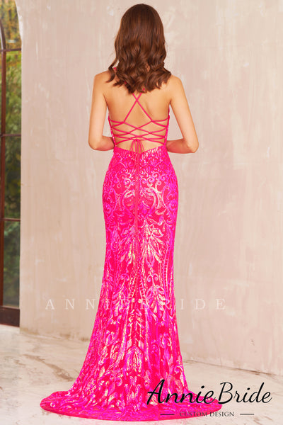 Cute Mermaid V Neck Sequins Pink Prom Dresses with Slit AB122505