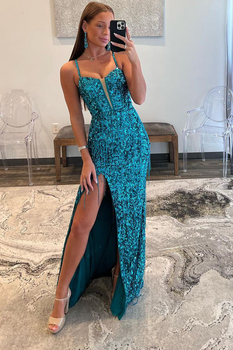 sparkly blue sheath sequins long prom dress with slit Blue Sequin Feather Back Mermaid Sparkly Long Prom Dress with Slit US18 / Blue