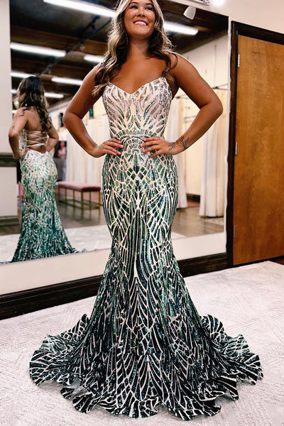 Charming Mermaid V Neck Gradient Sequins Long Prom Dresses AB100608