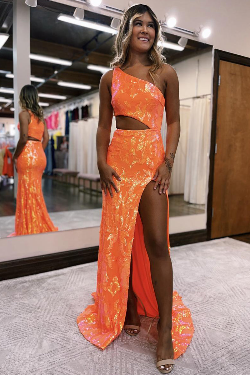 Cute Sparkly Mermaid One Shoulder Orange Sequins Long Prom Dresses with Slit AB110302 Cute Sparkly Mermaid One Shoulder Orange Sequins Long Prom Dresses with Slit AB110302