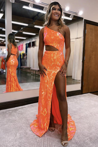 Cute Sparkly Mermaid One Shoulder Orange Sequins Long Prom Dresses with Slit AB110302