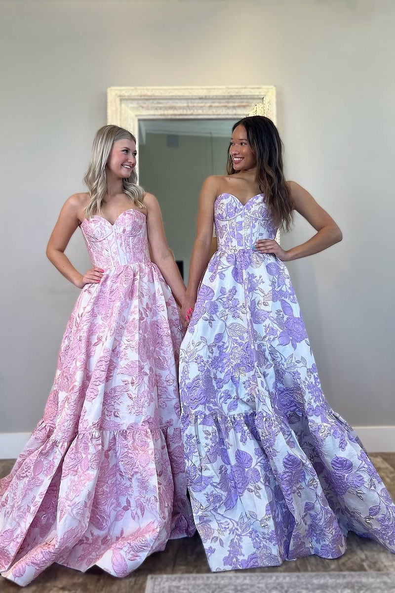 rose gold and blush bridesmaid dresses Cute A Line Sweetheart Purple Jacquard Satin Long Prom Dress with Pock –  Anniebride