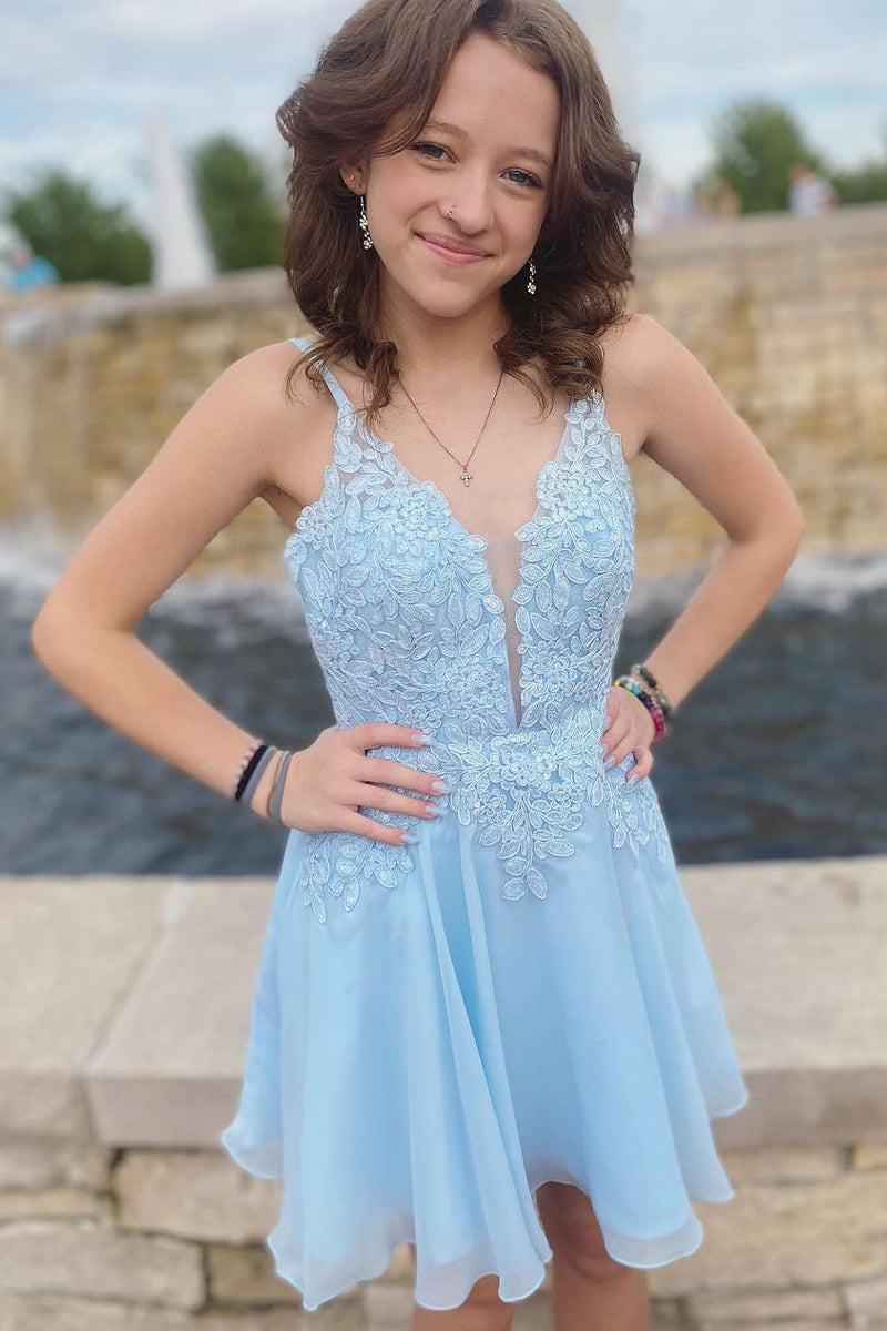 Cute A Line V Neck Light Blue Chiffon Homecoming Dresses with Appliques  AB102305