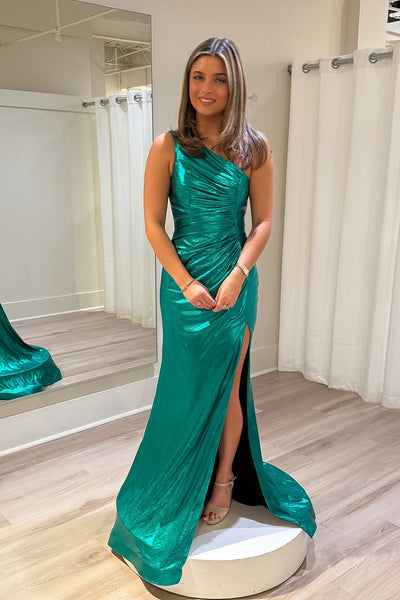 Charming Mermaid One Shoulder Green Metallic Satin Prom Dress with Slit AB25012005