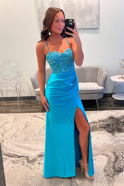 Charming Mermaid Sweetheart Blue Satin Long Prom Dress with Appliques AB25012703