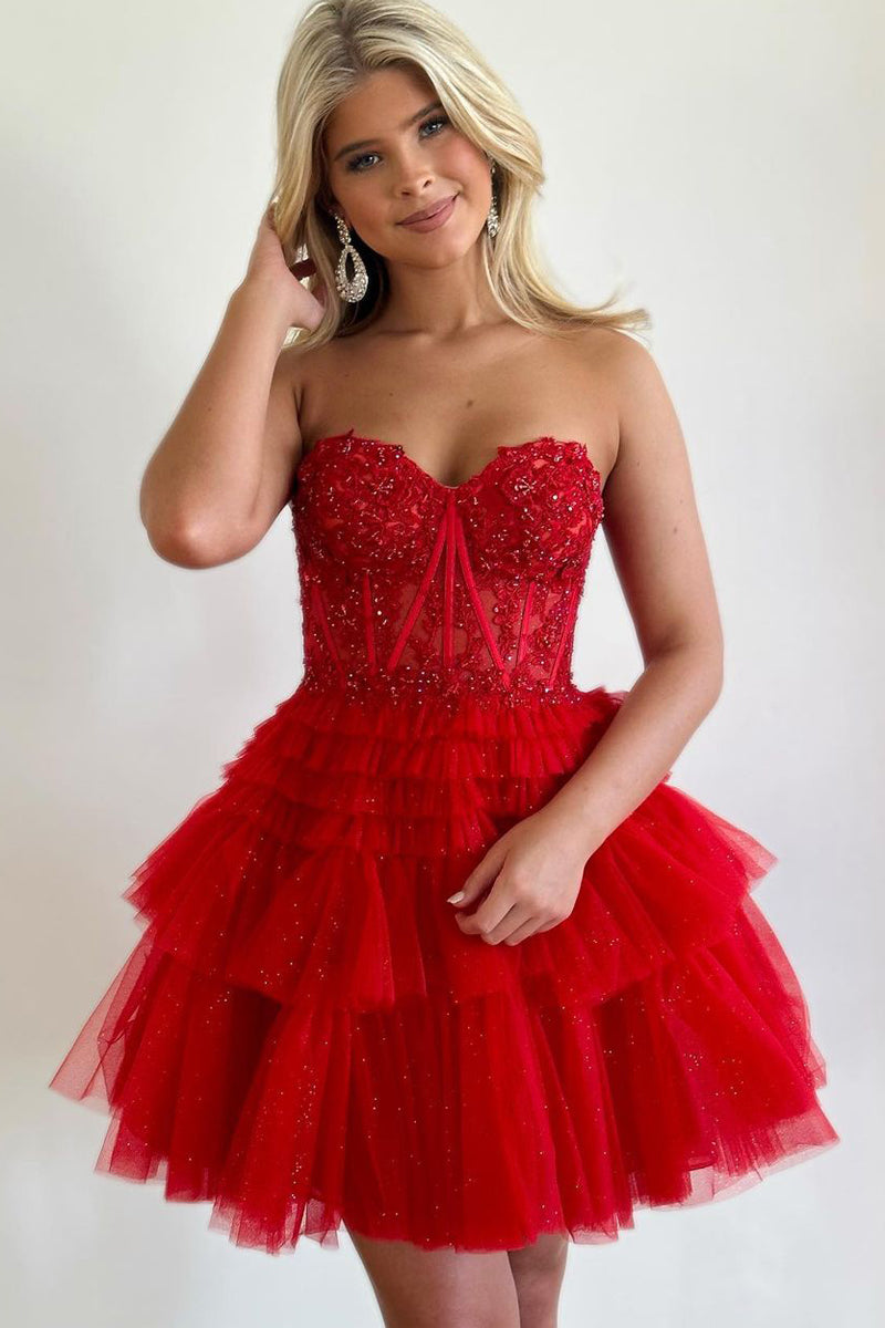 red short tulle dress Wine Red Tulle Short Sleeves Tea Length Party Dress with Lace, Dark Red Formal Dresses