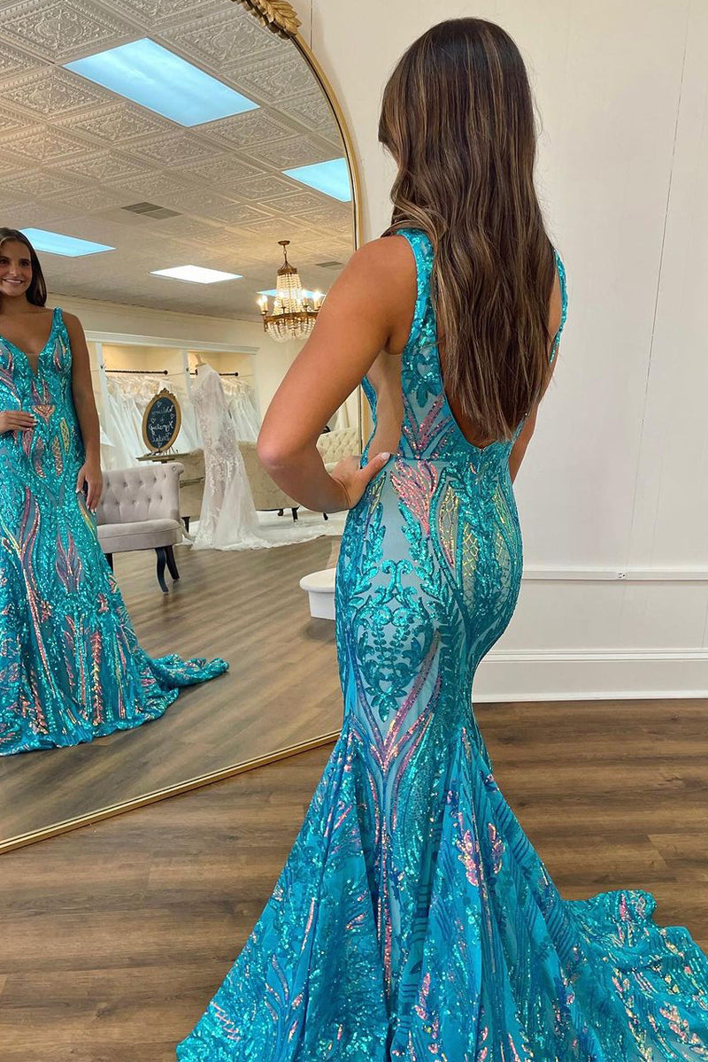 mermaid dress teal Cute V Neck Sequins Long Prom AB4012303 – Anniebride Colour:LAVENDER BLUE filter-gender-women Perfect for prom or Multi Colored Homecoming Dresses