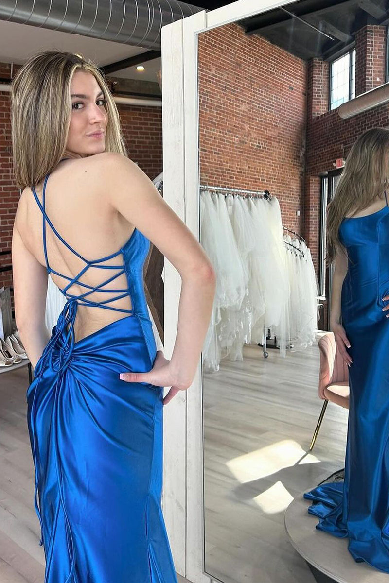 Short Mermaid Scoop Neck Lace Prom Dress Blue Homecoming Dresses main image 1