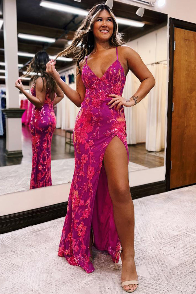 Cute Mermaid V Neck Hot Pink Sequin Lace Long Prom Dress with Slit AB4010305 Cute Mermaid V Neck Hot Pink Sequin Lace Long Prom Dress with Slit AB4010305