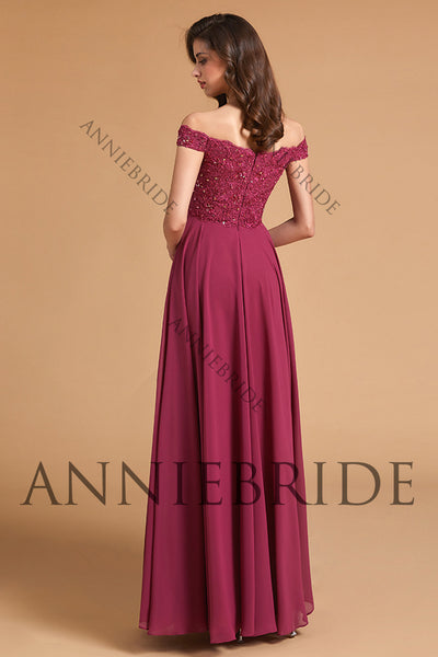 Elegant A Line Off the Shoulder Dusty Red Chiffon Long Bridesmaid Dresses with Slit ABBD061806