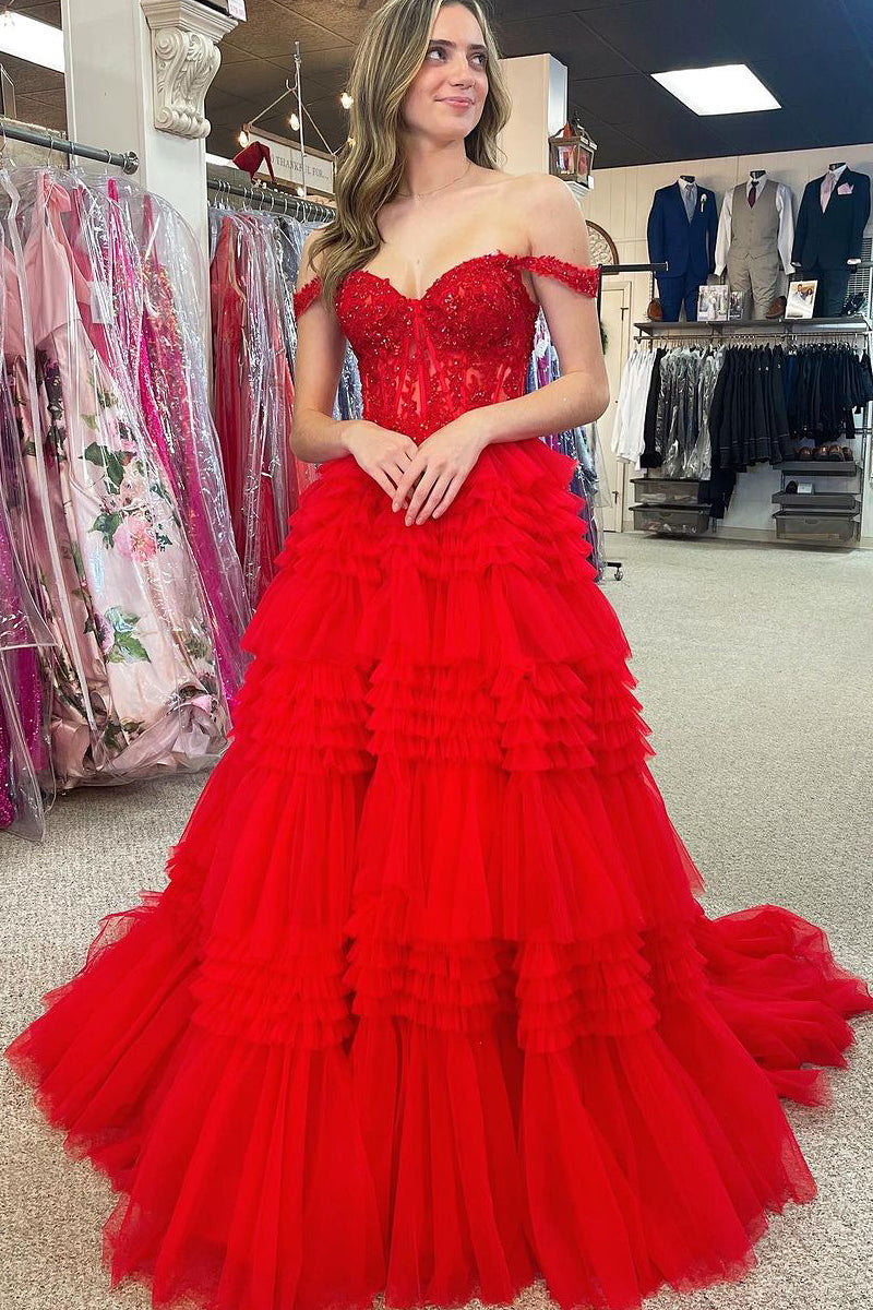 Cute Ball Gown Off the Shoulder Red Tulle Prom Dresses with Appliques Cute Ball Gown Off the Shoulder Red Tulle Prom Dresses with Appliques