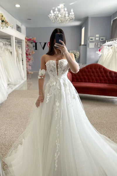 Fairy A Line Off the Shoulder Tulle Long Bridal Dresses with Appliques AB24110201