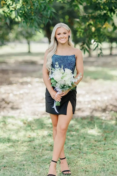 Cute Bodycon Scoop Neck Black Satin Short Party Dresses with Beading AB24112806