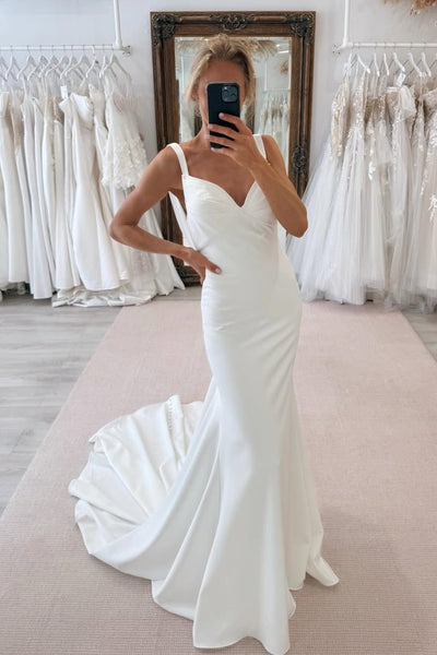 Simple Mermaid V Neck Elastic Satin Wedding Dresses with Train AB25050704