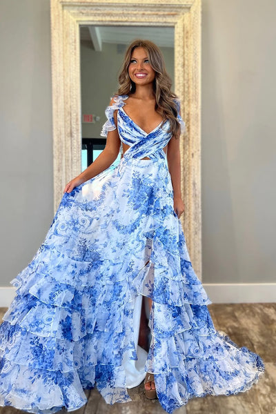 A Line V Neck Floral Printed Chiffon Long Prom Dress with Slit AB25021204