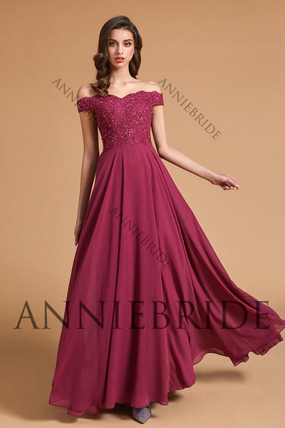 Elegant A Line Off the Shoulder Dusty Red Chiffon Long Bridesmaid Dresses with Slit ABBD061806