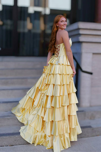 Cute A Line Scoop Neck Yellow Satin Tiered Long Prom Dress with Slit AB25102101