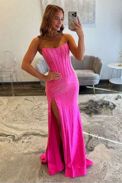 Fashion Mermaid Scoop Neck Pink Long Prom Dress with Rhinestones AB25102707