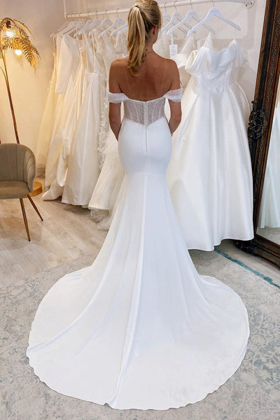 Elegant Mermaid Off the Shoulder Elastic Satin Wedding Dresses with Beading ABWD061828