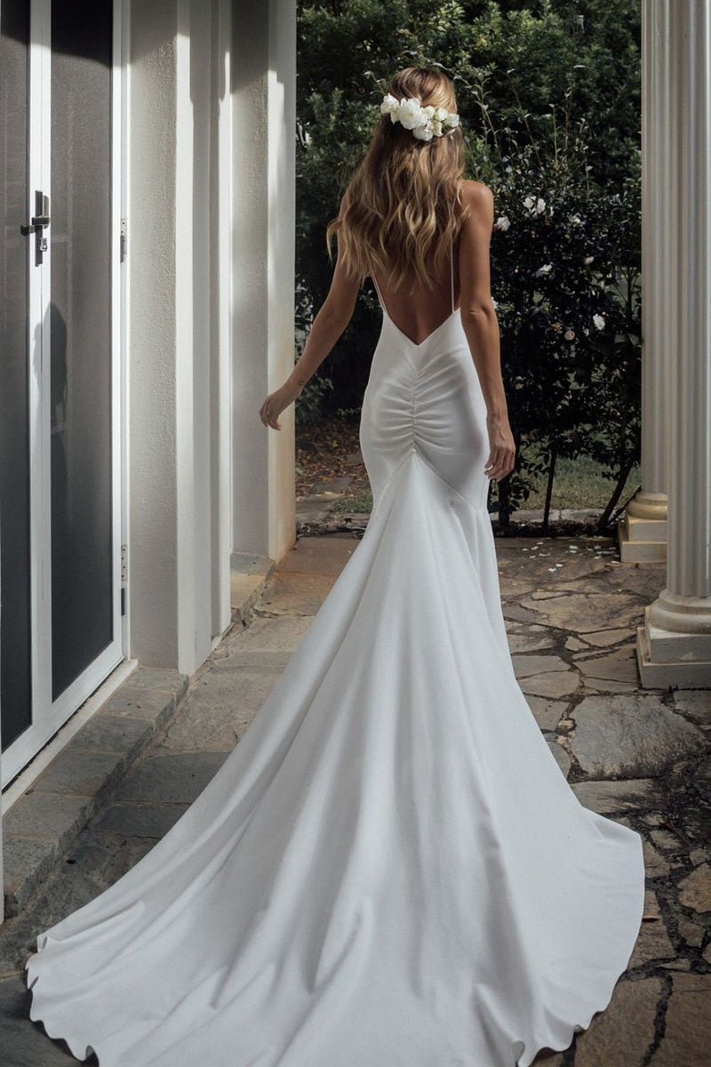 Mermaid V Neck Elastic Satin Long Wedding Dress with Appliques VK25060802 main image 0