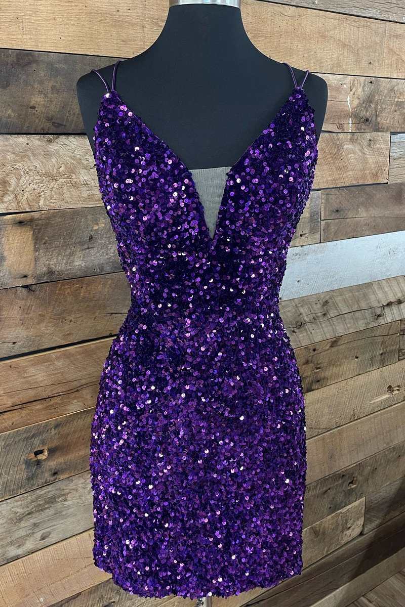 Cute Bodycon V Neck Purple Sequins Short Homecoming Dresses with Lace-up ABHC061849 Anniebride Cute Bodycon V Neck Purple Sequins Short Homecoming Dresses with Lace-up ABHC061849 Anniebride