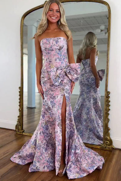 New Arrival Mermaid Strapless Lavender Jacquard Satin Prom Dress with Slit AB25101403
