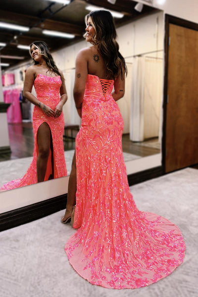 Cute Mermaid Strapless Coral Sequins Long Prom Dress with Slit AB4011801