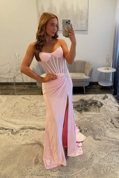 Cute Mermaid Scoop Neck Pink Prom Dress with Rhinestones AB25102104